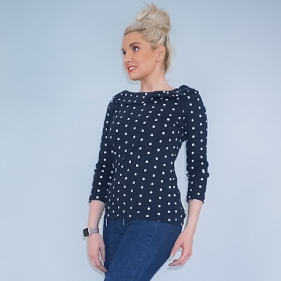 Black and White Polka Dot Boat Neck Shirt - Picture 10 of 16